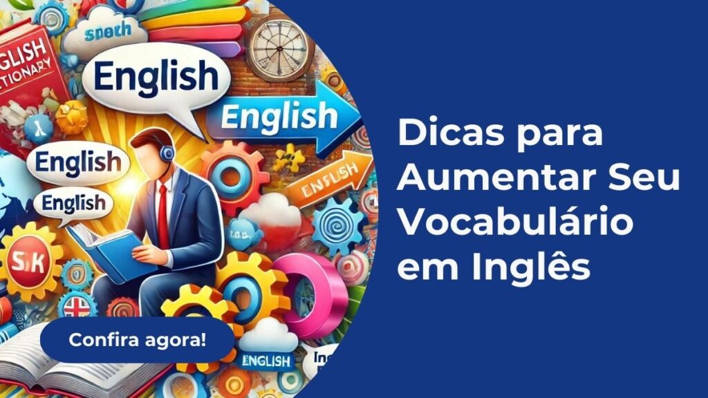 Ilustração de uma pessoa aprendendo inglês, cercada por palavras em inglês e livros de vocabulário.